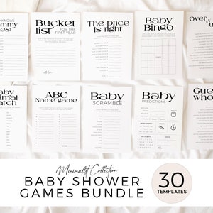 Lot de jeux pour baby shower à imprimer, cadeau de naissance minimaliste pour bingo, capsule temporelle, devinez qui maman ou papa, prédictions de bébé, sexe neutre, BB27