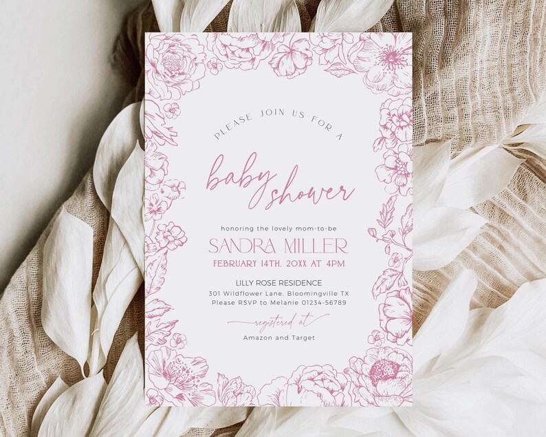 Pink wildflower toile de jouy invitation for a giel baby in blool baby shower
