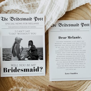 Plantilla de tarjeta de propuesta de dama de honor para periódico de bodas, foto, carta para dama de honor, descarga, información de boda con detalles de "No puedo decir que sí", BM97