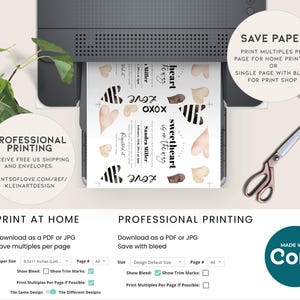 May include: A printable invitation template for a wedding or bridal shower. The design features a black and white striped heart with the text "Sweetheart is getting hitched". The invitation is shown being printed on a home printer.