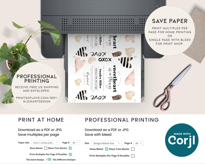 May include: A printable invitation template for a wedding or bridal shower. The design features a black and white striped heart with the text "Sweetheart is getting hitched". The invitation is shown being printed on a home printer.