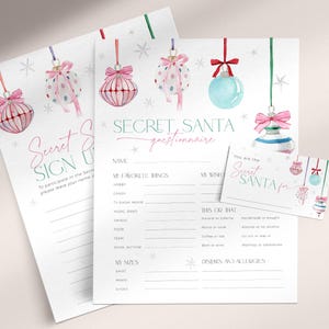 Encuesta de intercambio de regalos de Papá Noel de Navidad rosa, hoja de hermana secreta con copos de nieve, formulario de lista de deseos navideños, cuestionario de cosas favoritas, CH79