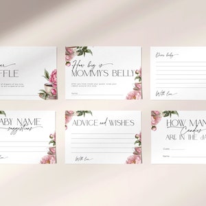 Puede incluir: Seis tarjetas de juego imprimibles para una fiesta de bienvenida al beb&eacute; con dise&ntilde;os florales rosas. Las tarjetas incluyen juegos como "Rifa de pa&ntilde;ales", "Qu&eacute; tan grande est&aacute; la barriga de mam&aacute;", "Sugerencias de nombres de beb&eacute;", "Consejos y deseos", "Querido beb&eacute;" y "Cu&aacute;ntos caramelos hay en el frasco".