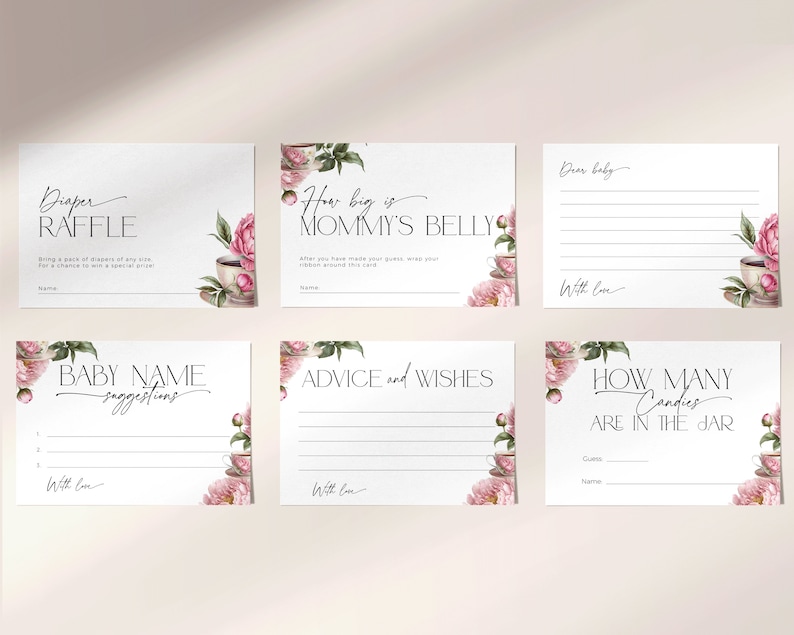 Puede incluir: Seis tarjetas de juego imprimibles para una fiesta de bienvenida al beb&eacute; con dise&ntilde;os florales rosas. Las tarjetas incluyen juegos como "Rifa de pa&ntilde;ales", "Qu&eacute; tan grande est&aacute; la barriga de mam&aacute;", "Sugerencias de nombres de beb&eacute;", "Consejos y deseos", "Querido beb&eacute;" y "Cu&aacute;ntos caramelos hay en el frasco".