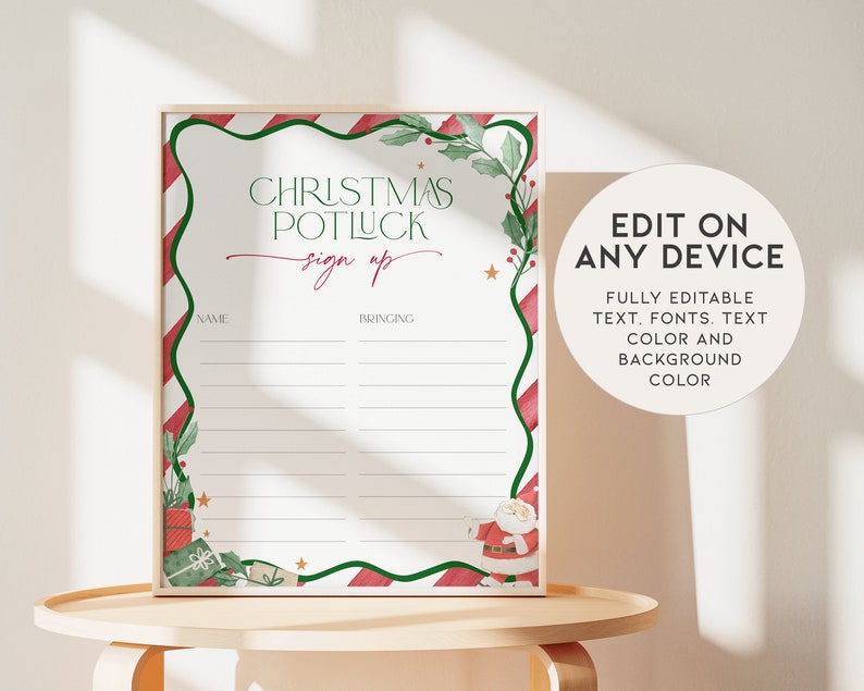 Christmas Potluck List Sign up Template for Office, Printable Xmas Work ...