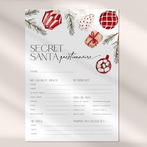 Plantilla de cuestionario de amigo invisible, hoja de intercambio de regalos para fiestas de trabajo de Navidad, formulario de lista de deseos navideños, encuesta sobre cosas favoritas de Navidad, CH73