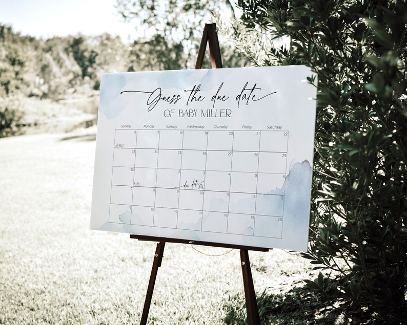 Errate das Fälligkeitsdatum Poster Kalender Spiel, Auf Wolke Neun Babyparty Zeichen, Staubige Blaue Geburtstagsvorhersage Banner Junge Party Dekoration, BB37 Bild 3