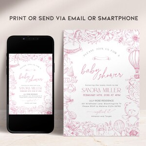 May include: Pink and white baby shower invitation with a floral border and illustrations of a hot air balloon, teddy bear, and other baby-related items. The text reads "Please join us for a baby shower honouring the lovely mom-to-be Sandra Miller, February 14th, 20XX at 4PM, Lilly Rose Residence, 501 Wildflower Lane, Bloomingville TX, Please RSVP to Melanie 01234-56789, registered at Amazon and Target."