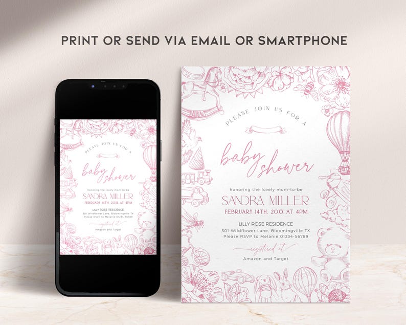 May include: Pink and white baby shower invitation with a floral border and illustrations of a hot air balloon, teddy bear, and other baby-related items. The text reads "Please join us for a baby shower honouring the lovely mom-to-be Sandra Miller, February 14th, 20XX at 4PM, Lilly Rose Residence, 501 Wildflower Lane, Bloomingville TX, Please RSVP to Melanie 01234-56789, registered at Amazon and Target."