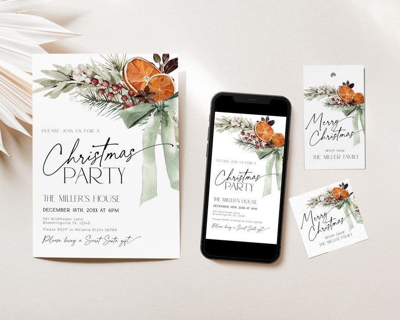 May include: A set of printable Christmas party invitations with a watercolor design featuring green leaves, orange slices, and red berries. The invitations include a main invitation, a smaller invitation for a phone screen, and a gift tag. The text on the invitations reads "Please join us for a Christmas Party", "The Miller's House", "December 18th, 201X at 6PM", and "Please bring a Secret Santa gift". The gift tag reads "Merry Christmas with love The Miller Family".