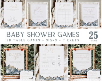 Mountain Themed Baby Shower GAMES BUNDLE Printable, Adventure Awaits Shower Activities Template, Editable National Park Camping Boys, BB21