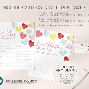 Pode incluir: Question&aacute;rio, folha de inscri&ccedil;&atilde;o e cart&otilde;es de nomes imprim&iacute;veis para um Secret Valentine. O design apresenta cora&ccedil;&otilde;es de aquarela em rosa, vermelho, amarelo, azul e verde. O texto diz "Secret Valentine Questionnaire", "Secret Valentine Sign Up" e "Secret Valentine".