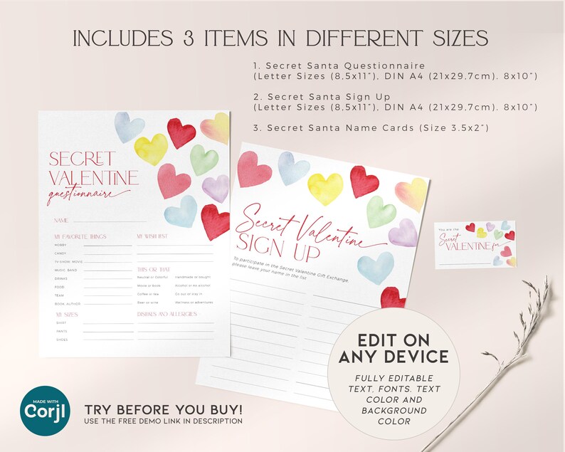Pode incluir: Question&aacute;rio, folha de inscri&ccedil;&atilde;o e cart&otilde;es de nomes imprim&iacute;veis para um Secret Valentine. O design apresenta cora&ccedil;&otilde;es de aquarela em rosa, vermelho, amarelo, azul e verde. O texto diz "Secret Valentine Questionnaire", "Secret Valentine Sign Up" e "Secret Valentine".