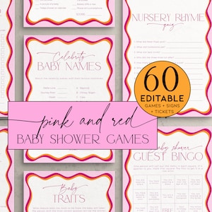 May include: A set of 60 printable baby shower games in pink, orange, and red with a wavy border. The games include "Celebrity Baby Names", "Nursery Rhyme Quiz", "Baby Traits", "Guest Bingo", and "What's Under".
