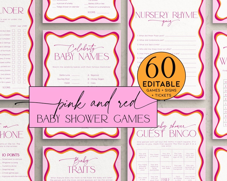 Editable Baby Shower Games Bundle with pink and orange wavy border and modern script font
