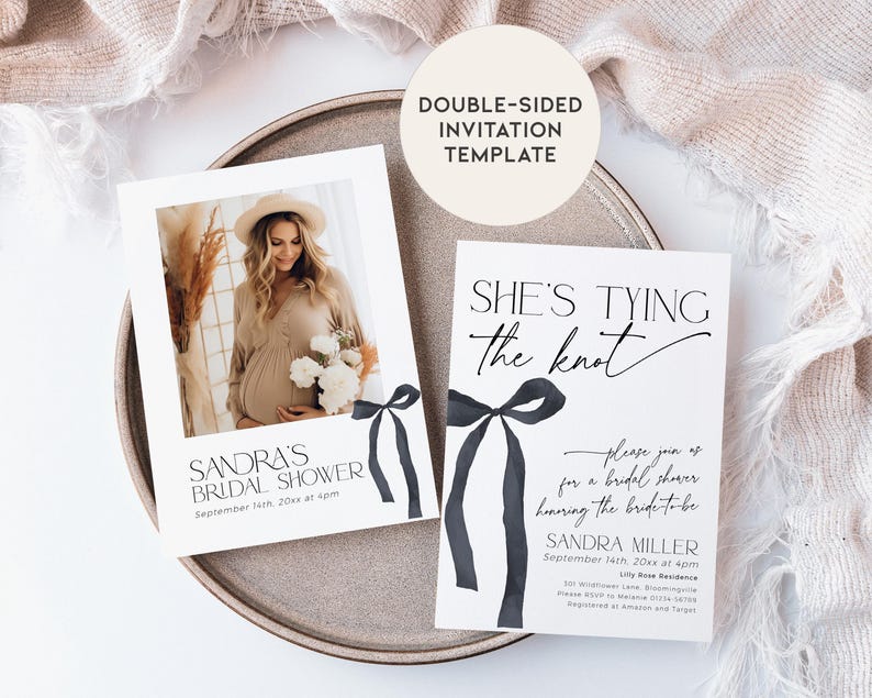 May include: Double-sided bridal shower invitation template with a black and white design. The front features a photo of the bride-to-be and the text "Sandra's Bridal Shower". The back features a black ribbon bow and the text "She's tying the knot" with details about the shower.