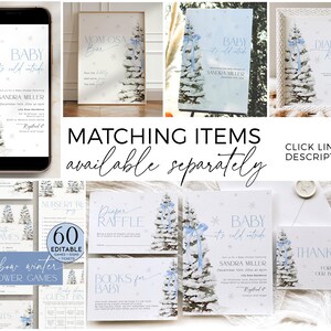 Puede incluir: Una invitaci&oacute;n de baby shower de invierno en azul y blanco con un pino nevado y un lazo azul. La invitaci&oacute;n dice "Baby it's cold outside" e incluye el nombre Sandra Miller.