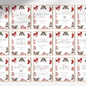 May include: Twelve printable Christmas baby shower game cards with red and white striped stockings, red bows, and green holly. The cards feature questions and prompts for guests to answer, such as "Guess the Baby Food" and "How Many Candles?"