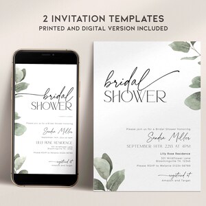 Może przedstawiać: Dwa drukowane wzory zaproszeń na wiecz&oacute;r panieński z akwarelowym wzorem eukaliptusa. Tekst brzmi "bridal shower" i zawiera imię panny młodej, datę, godzinę i miejsce. Tekst zawiera r&oacute;wnież informację "registered at Amazon and Target".