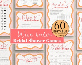 Wavy Border Bridal Party Games Peach, Editable Hen Shower Activity Bundle, Orange and Coral Bachelorette, Colorful Wedding Printable, BS56