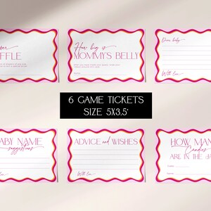 May include: Six pink and orange game tickets for a baby shower. The tickets are 5x3.5 inches and have different games listed on them, including "Diaper Raffle", "How Big is Mommy's Belly", "Baby Name Suggestions", "Advice and Wishes", "How Many Candies Are in the Jar", and "Dear Baby".