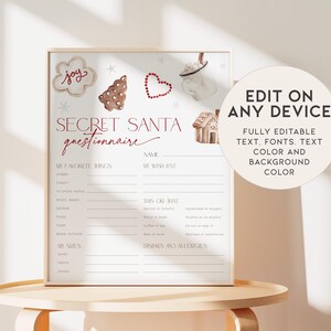 May include: A framed Secret Santa questionnaire with holiday-themed illustrations. The design includes a gingerbread cookie, a heart, and a mug. The text "Secret Santa questionnaire" is displayed in a decorative font, with fields for personal details and preferences.