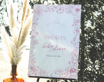 Wildflower Pink Toile de Jouy Baby in Bloom Shower Welcome Sign Template, Floral Chinoiserie Signage PRINTABLE, Editable Banner Girl, BB95