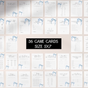 May include: Thirty-six blue and white baby shower game cards with a watercolour bow design. The cards are 5x7 inches and feature a variety of games, including "Guess Who", "Baby Bingo", "Baby Animal Name Game", and "Baby Traits".