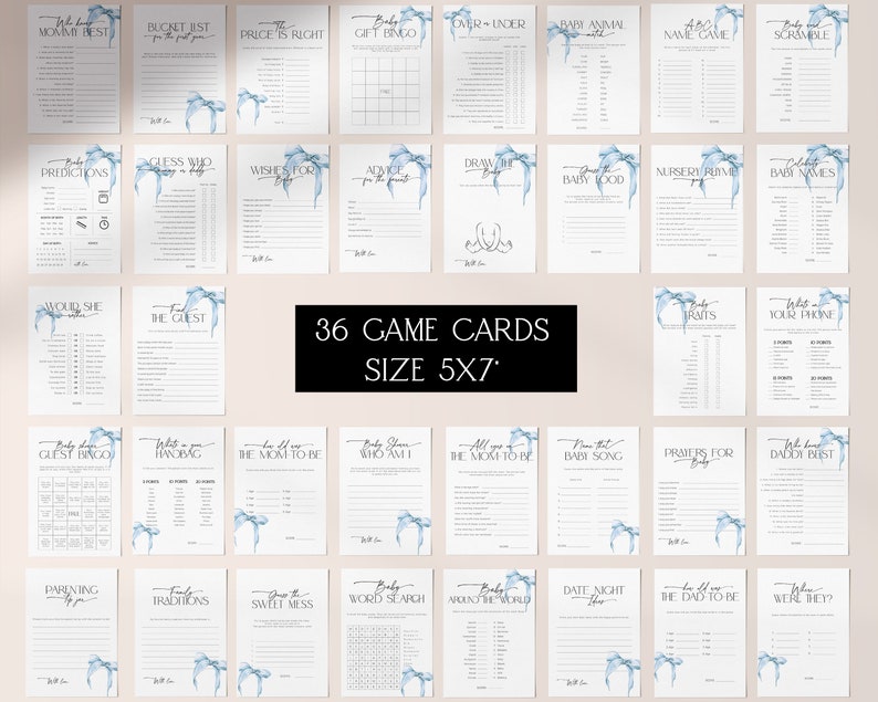 May include: Thirty-six blue and white baby shower game cards with a watercolour bow design. The cards are 5x7 inches and feature a variety of games, including "Guess Who", "Baby Bingo", "Baby Animal Name Game", and "Baby Traits".