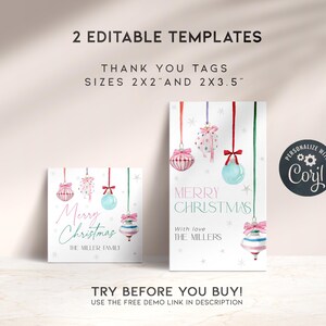 May include: Two printable Christmas gift tags featuring watercolor illustrations of ornaments with the text "Merry Christmas" and "With love, The Millers". The tags are available in two sizes: 2x2 inches and 2x3.5 inches.