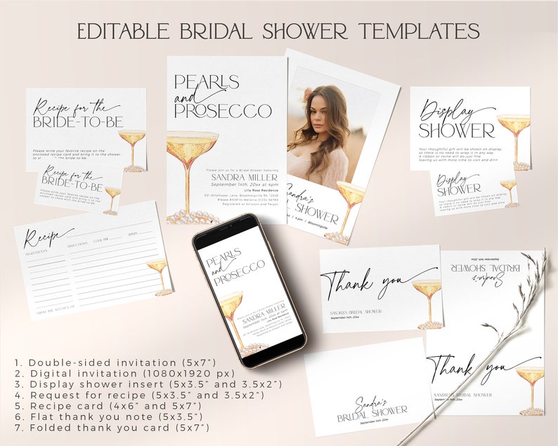 May include: Editable bridal shower templates with a pearl and prosecco theme. The templates include invitations, recipe cards, thank you cards, and a display shower insert. The templates feature a watercolour illustration of a champagne flute with pearls.