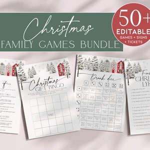 Op de afbeelding: Een Christmas Family Games Bundle met meer dan 50 bewerkbare spellen, borden en tickets. De bundel bevat afdrukbare spelvellen met feestelijke ontwerpen, zoals een Christmas Gift Bingo en Finish the Christmas Lyrics.