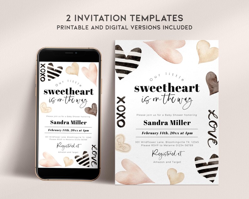 May include: Two printable baby shower invitation templates featuring a watercolour design with hearts in shades of pink, brown, and black. The text reads "Our little sweetheart is on the way" and includes the date, time, and location of the event. The invitations also include the text "Registered at Amazon and Target".