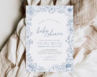 Blue Toile de Jouy Baby Shower Invitation, Editable Wildflower Baby in Bloom Line Art Sprinkle Invite, Floral Chinoiserie Boy Template, BB94