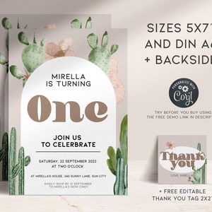 May include: A printable invitation for a first birthday party with a cactus and desert theme. The invitation is decorated with watercolor illustrations of cacti and flowers. The text on the invitation reads "Mirella is turning one" and includes details about the party, such as the date, time, and location. The invitation also includes a thank you tag with the text "Thank you" and "Love, Mirella".