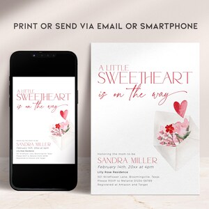 May include: A pink and red baby shower invitation with a watercolour illustration of a pink envelope with flowers and a red heart. The text reads "A Little Sweetheart is on the way" and includes the name Sandra Miller, the date 14th February, and the time 4pm.