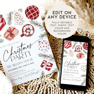 Puede incluir: Plantilla de invitaci&oacute;n a una fiesta de Navidad editable con un adorno rojo y blanco a rayas, un adorno rojo y blanco con lunares, un &aacute;rbol de pino verde, una caja de regalo roja y blanca, una taza de chocolate caliente con malvaviscos y el texto "Por favor, &uacute;nase a nosotros para una fiesta de Navidad, La casa de los Miller, 18 de diciembre de 2021 a las 6 pm".