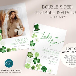 St Patricks Day Bridal Shower Invitation PRINTABLE, Editable Green Lucky in Love Bachelorette, March Photo Invite Shamrock Template, CH101 image 2