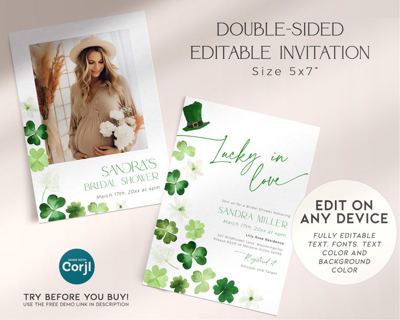 St Patricks Day Bridal Shower Invitation PRINTABLE, Editable Green Lucky in Love Bachelorette, March Photo Invite Shamrock Template, CH101 image 2