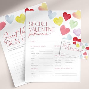 Retro Herzen geheime Schwester Fragebogen, bearbeitbare bunte Valentine Pal Geschenkbörsenumfrage, Wunschliste kennenlernen, Lieblingssachen, CH86