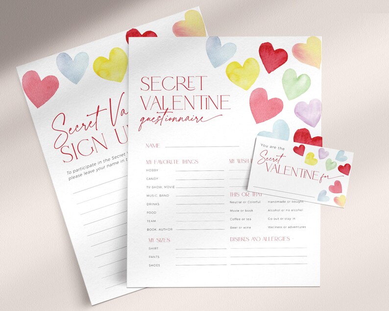 Pode incluir: Um question&aacute;rio de Valentine secreto imprim&iacute;vel com um design de cora&ccedil;&atilde;o de aquarela. O question&aacute;rio solicita o nome do participante, suas coisas favoritas, desejos e alergias. Tamb&eacute;m inclui um cart&atilde;o separado que diz "Voc&ecirc; &eacute; o Valentine secreto para".