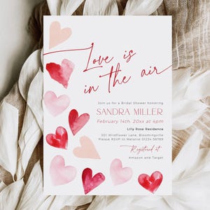 Valentine Bridal Shower Invitation PRINTABLE, Editable Pink Red Hearts Love is in the Air Bachelorette, February Photo Invite Template, CH84