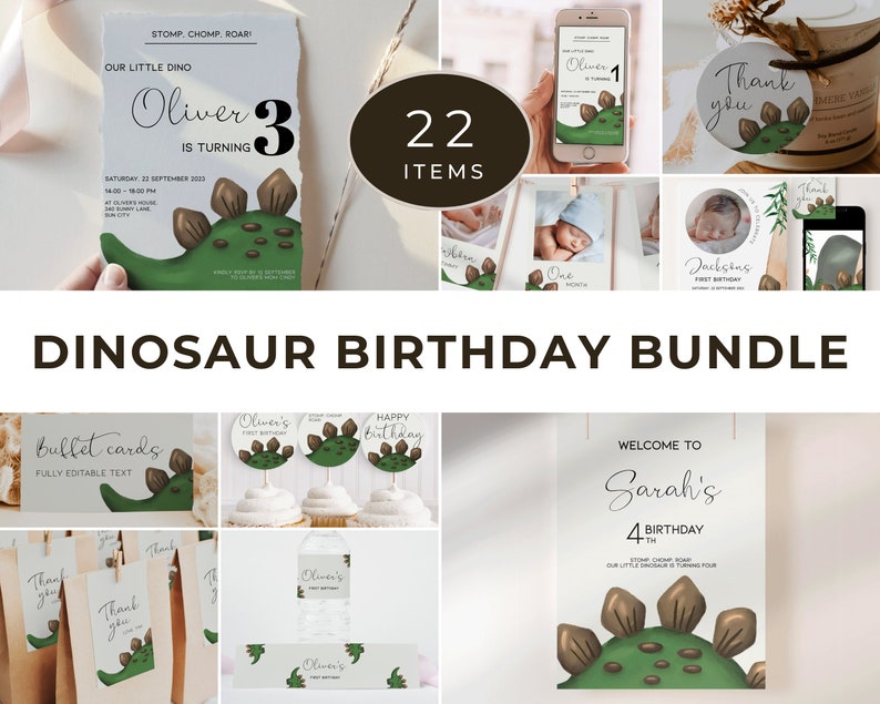 Puede incluir: Un conjunto de 22 decoraciones de fiesta de cumplea&ntilde;os de dinosaurio imprimibles. El conjunto incluye un cartel de bienvenida, etiquetas de agradecimiento, adornos para cupcakes, etiquetas para botellas de agua y mucho m&aacute;s. Las decoraciones presentan un dinosaurio verde con p&uacute;as marrones y un estilo de dibujos animados lindo.