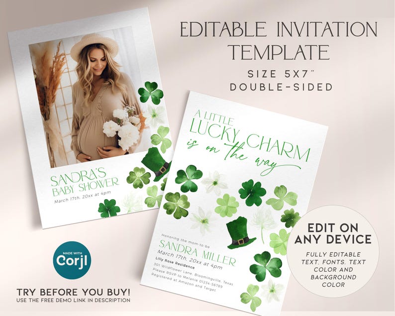 May include: Editable invitation template for a baby shower with a green shamrock and leprechaun hat design. The text reads "A Little Lucky Charm is on the way". The template is 5x7 inches and double-sided.