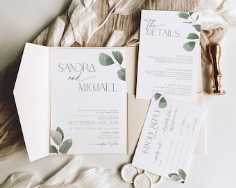 Wedding Invitation Suite Eucalyptus Sage Green Leaves, Printable Greenery Invite Bundle Bride, Botanical Details Card, RSVP Insert Set, BS39