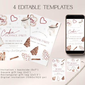 Puede incluir: Cuatro plantillas de fiesta de Navidad imprimibles con un tema de intercambio de galletas. Las plantillas incluyen una invitaci&oacute;n de 12,7x17,8 cm con un reverso a juego, una etiqueta de regalo cuadrada de 5x5 cm, una etiqueta de regalo rectangular de 5x8,9 cm y una invitaci&oacute;n digital de 1080x1920 p&iacute;xeles. Los dise&ntilde;os presentan ilustraciones de acuarela de casas de jengibre, galletas y otros elementos festivos.