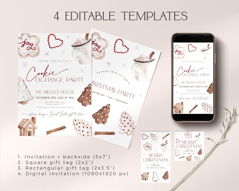 Puede incluir: Cuatro plantillas de fiesta de Navidad imprimibles con un tema de intercambio de galletas. Las plantillas incluyen una invitaci&oacute;n de 12,7x17,8 cm con un reverso a juego, una etiqueta de regalo cuadrada de 5x5 cm, una etiqueta de regalo rectangular de 5x8,9 cm y una invitaci&oacute;n digital de 1080x1920 p&iacute;xeles. Los dise&ntilde;os presentan ilustraciones de acuarela de casas de jengibre, galletas y otros elementos festivos.