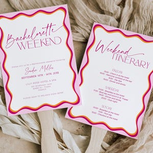 May include: Pink and orange bachelorette party invitation with a wavy border. The invitation includes the text "Bachelorette Weekend" and the name "Sandra Miller". The invitation also includes the date "September 14th - 16th, 2011" and the location "Lilly Rose Hotel & Spa".