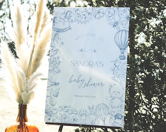 Hot Air Balloon Blue Toile Baby Shower Welcome Sign Template, Floral Chinoiserie Signage PRINTABLE, Editable Nursery Jouy Banner Boy, BB92