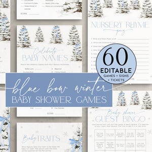 May include: Blue and white baby shower game cards with a winter theme. The cards feature a snowy forest scene with blue bows and snowflakes. The text on the cards includes "Blue Bow Winter Baby Shower Games", "Celebrity Baby Names", "Nursery Rhyme Quiz", "Baby Shower Guest Bingo", and "Baby Traits".
